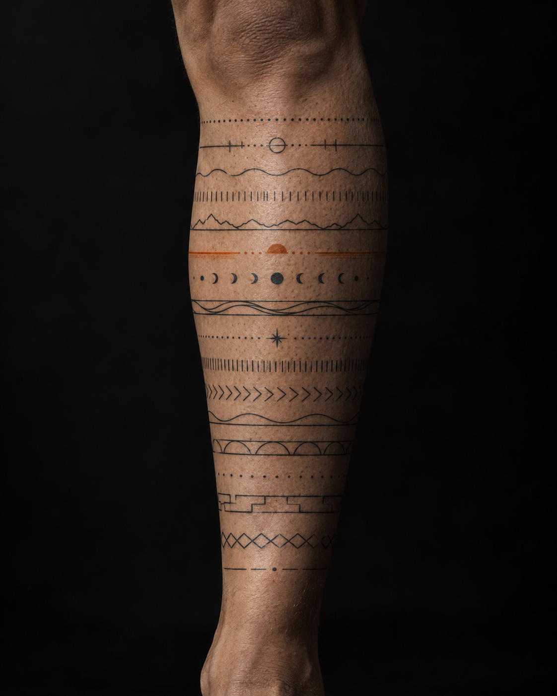 Concept study of a lower leg marked with seventeen distinct horizontal tattoo bands